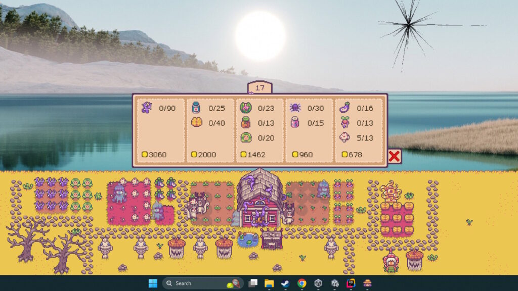 Petunia’s Purgatory - a zoomed out view of the farm with the quest tracker open