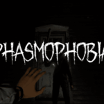 Phasmophobia - A hand with a white sleeve is reaching towards a ghost silhouette. There is a white farmhouse door in the background. The Phasmophobia logo is in the middle of the image.