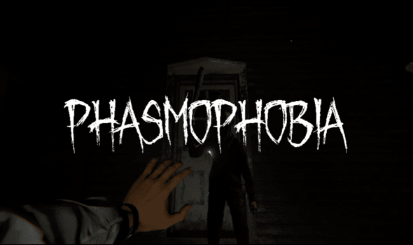 Phasmophobia - A hand with a white sleeve is reaching towards a ghost silhouette. There is a white farmhouse door in the background. The Phasmophobia logo is in the middle of the image.