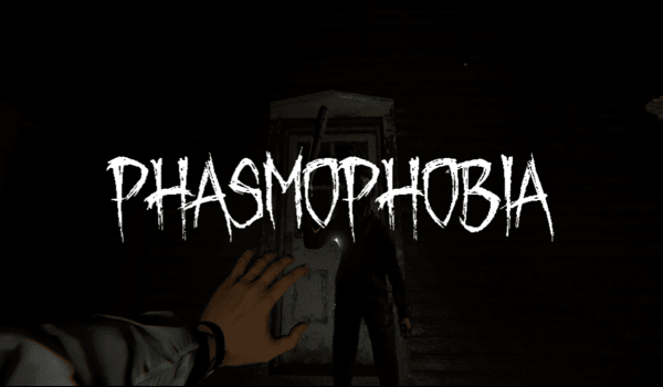 Phasmophobia - A hand with a white sleeve is reaching towards a ghost silhouette. There is a white farmhouse door in the background. The Phasmophobia logo is in the middle of the image.