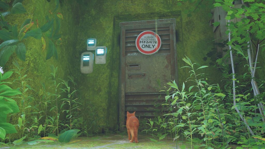 Kitty exploring and finding a door that says "Human Personnel ONLY" - STRAY 