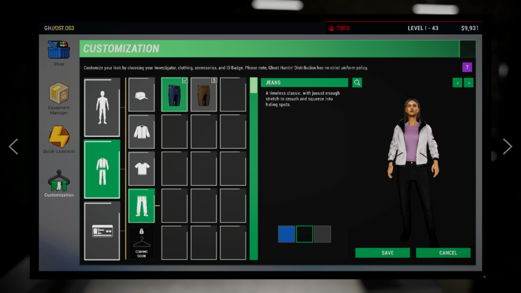 Phasmophobia - A green and black character customisation screen with a female character named Zara Doshi. She has brown hair, a pink shit, black and white jacket and black pants.