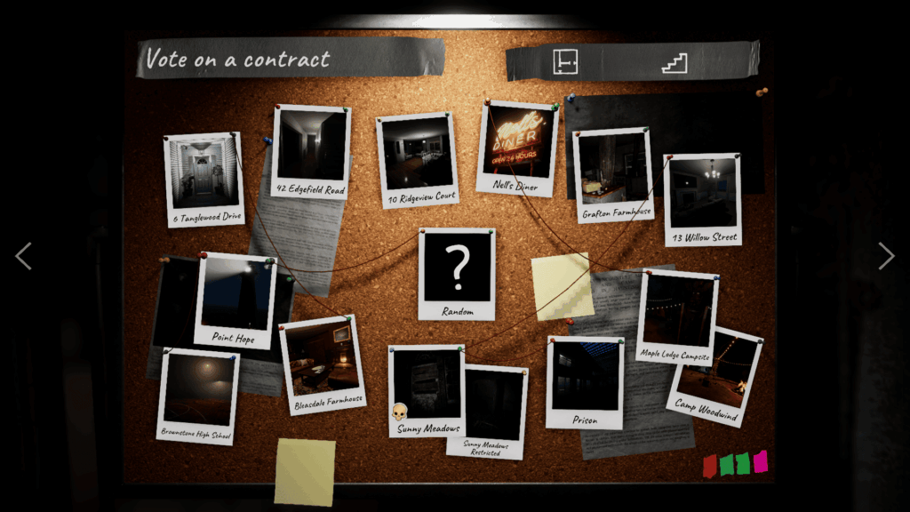 Phasmophobia - A corkboard with fourteen different map options shown in polaroid photos. Vote for which map to visit - or let the game choose for you.