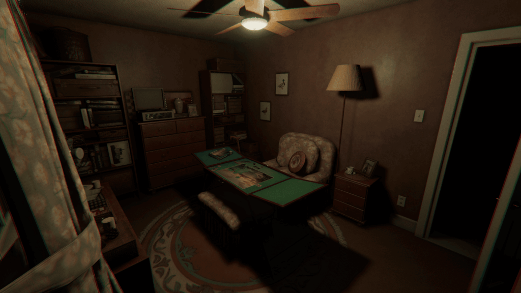Phasmophobia - The hobby room in Tanglewood Drive. Different shades of browns and greens colour the room. In the middle there is a cosy floral armchair with a puzzle table.