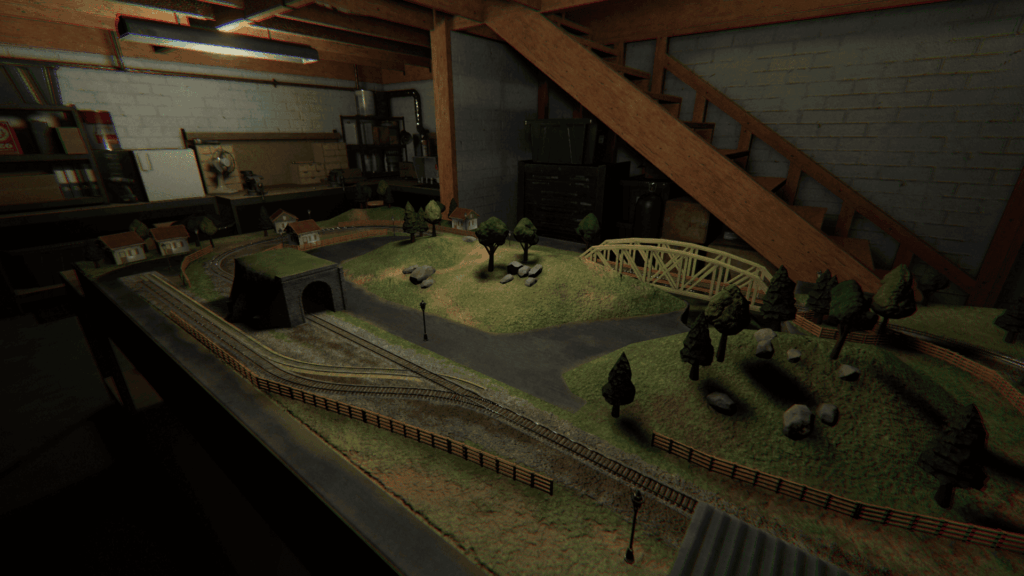 Phasmophobia - The Tanglewood Drive interactive model train in the basement. A train set with houses, grassy green hills, trees, and train tracks leading through tunnels and across bridges.