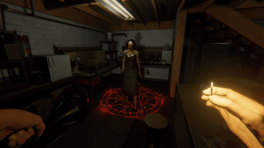 Phasmophobia - Inside the basement of Tanglewood Drive a ghost has appeared in the summoning circle. The player is holding a flashlight and matches that they used to summon the ghost. The player did indeed die after this.