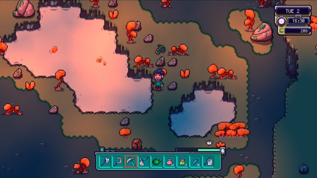 Farlands - a landscape with ponds and an orange glow where mushrooms grow