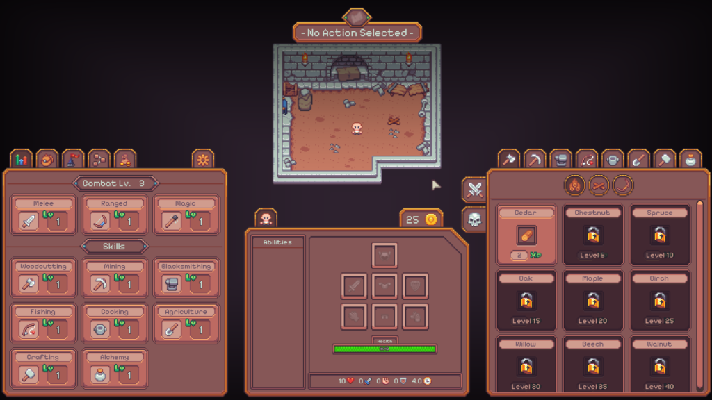 Idle Keep - a pixel art landscape of a workshop with lots of menus showing different resources