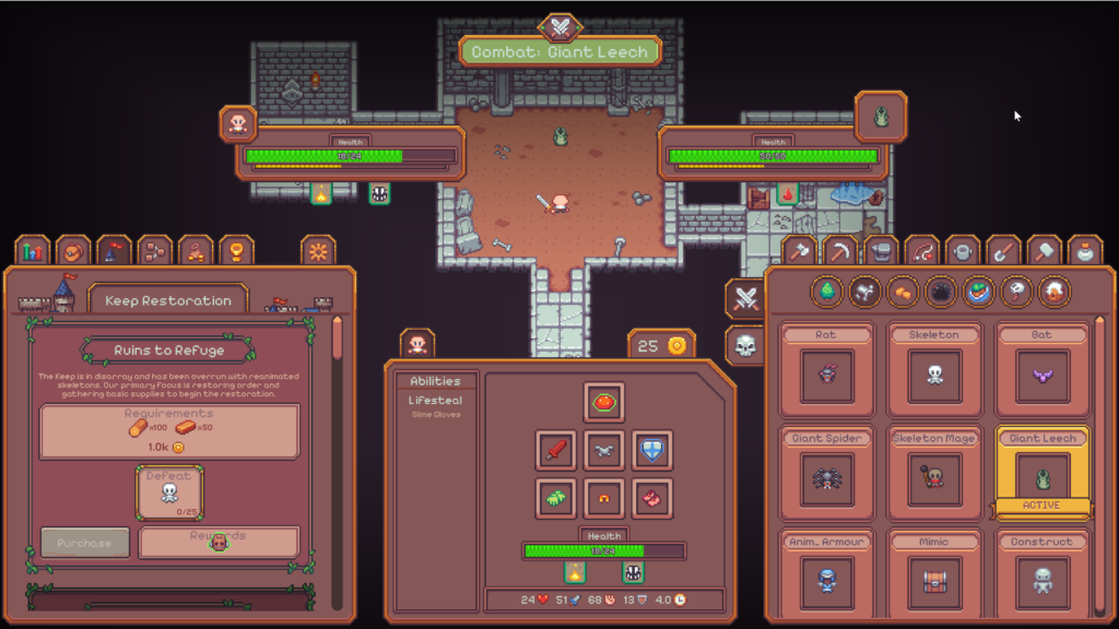 Idle Keep - a pixel art landscape of a dungeon with lots of menus showing different resources