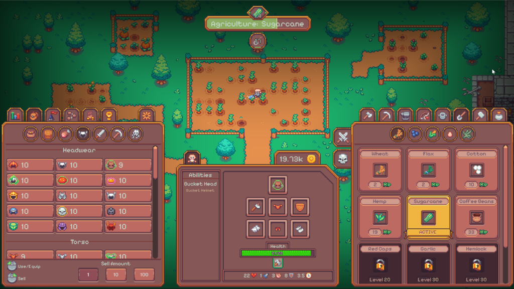Idle Keep - a pixel art landscape of a farm field with lots of menus showing different resources