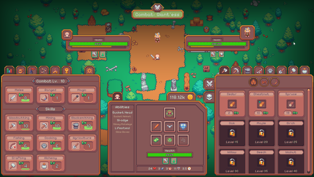 Idle Keep - a pixel art landscape of a battle field with lots of menus showing different resources