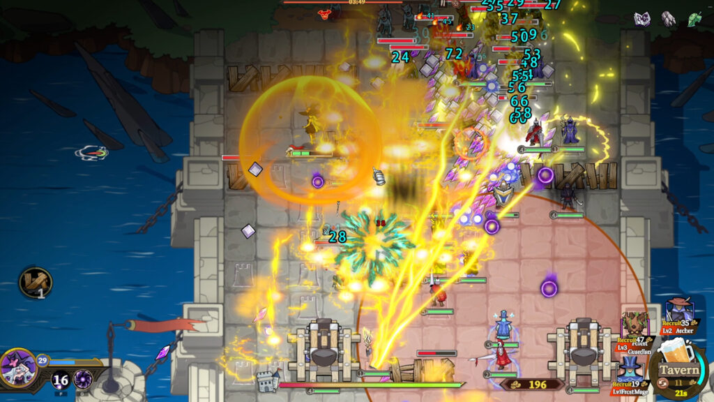 The Gate Must Stand - another hactic battle scene on a bridge, many different flashy effects are going off at the same time as well as damage numbers appearing from the enemy side.