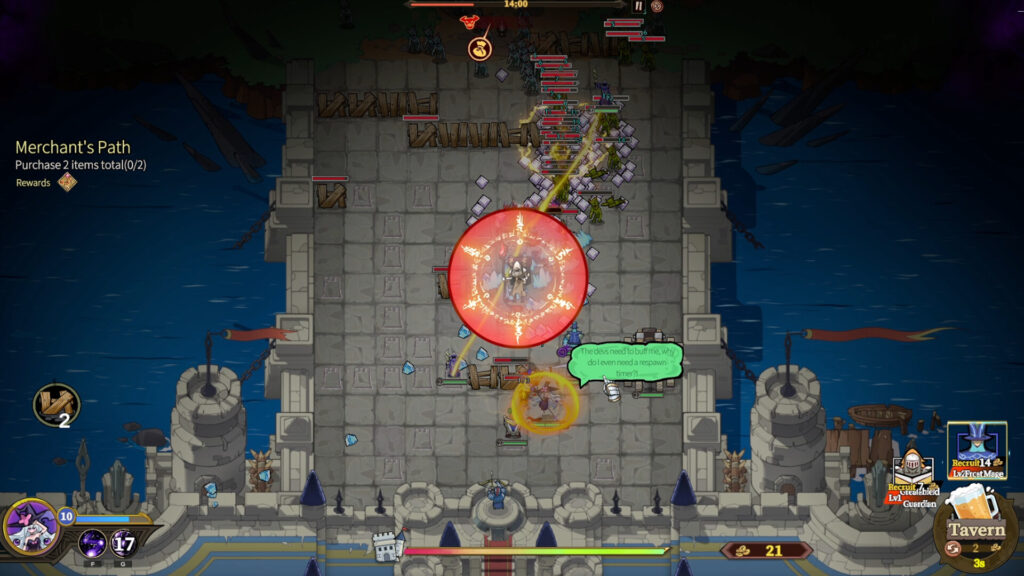 The Gate Must Stand - the merchent shows up in the middle of the battlefield surrounded by a protective aura.