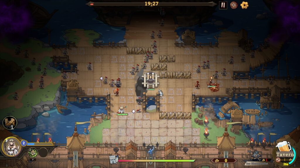 The Gate Must Stand - One of the levels with a more wooden architecture. the timer is shown at the top. the UI along the bottom shows the Hero and its exp growth and abilities, health of the gate, current money and the tavern refresh timer