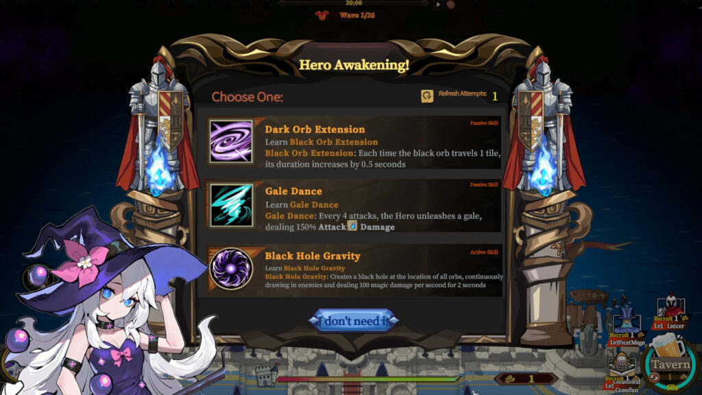 The Gate Must Stand - the level up screen showing three possible upgrades.