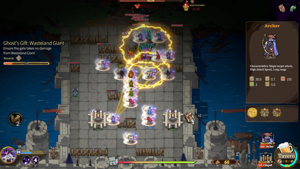 The Gate Must Stand - while a battle on a bridge occurs the player has an archer selected and its stats are displayed on the right side. the left side has a side mission progress bar.
