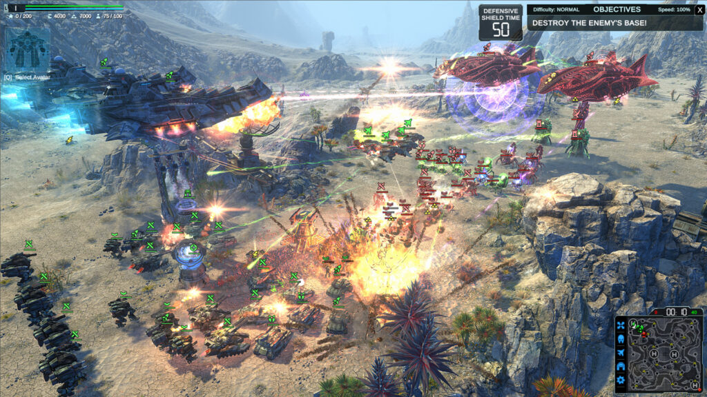 Warshift 2 - Tactical view of a massive battle, gunships fight as two armies clash on a wasteland