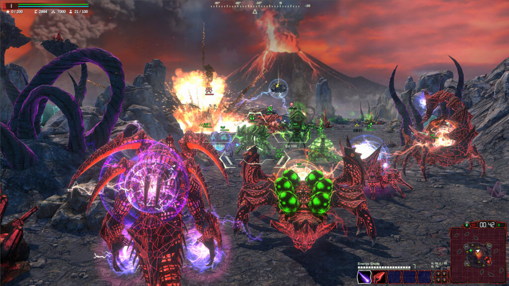 Warshift 2 - the third person view from an Enclave hero, a volcanic scene is behind the action