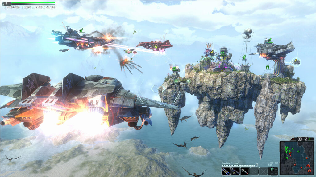 Warshift 2 - a jet flies between floating islands while two flying gunships exchange artillery fire