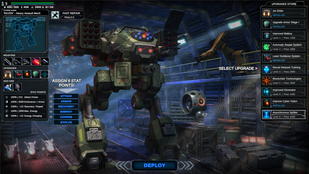 Warshift 2 - the hanger bay of the Ark where you make you weapon selection and stat increases