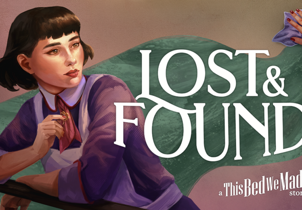 A woman leaning on a bar to the left of the screen. She has short brown hair, wearing a purple dress with a white and red collar. A red tie of which attached is a gold broach she is touching. A white apron covering the dress. The title of the game continues to the right Lost & Found A This Bed We Made Game with a hand wiping dirt behind it