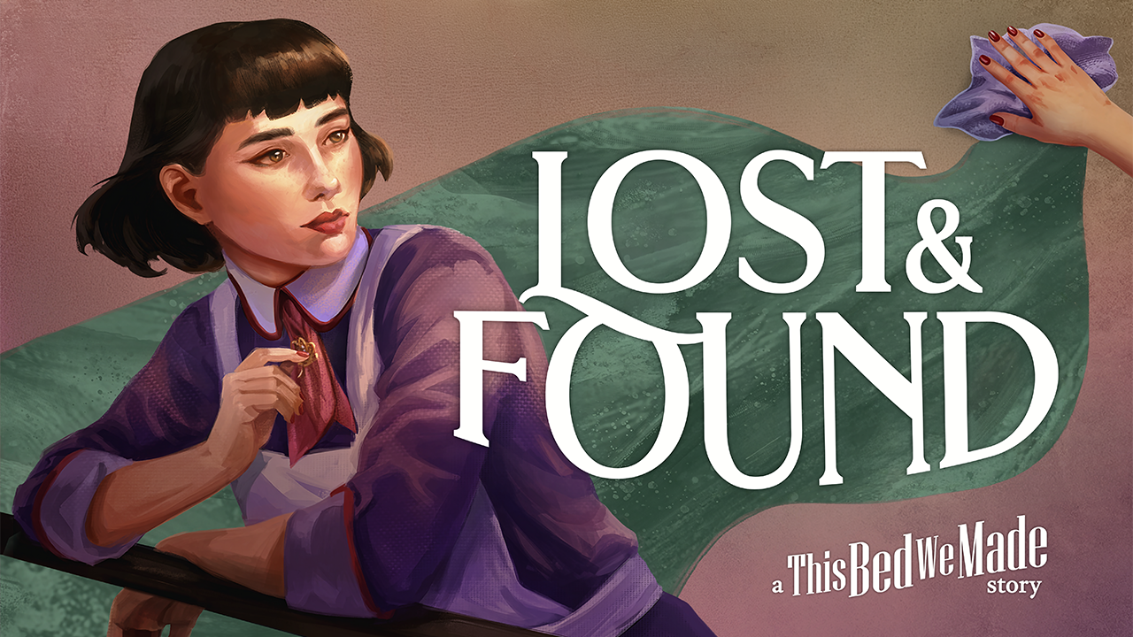 A woman leaning on a bar to the left of the screen. She has short brown hair, wearing a purple dress with a white and red collar. A red tie of which attached is a gold broach she is touching. A white apron covering the dress. The title of the game continues to the right Lost & Found A This Bed We Made Game with a hand wiping dirt behind it