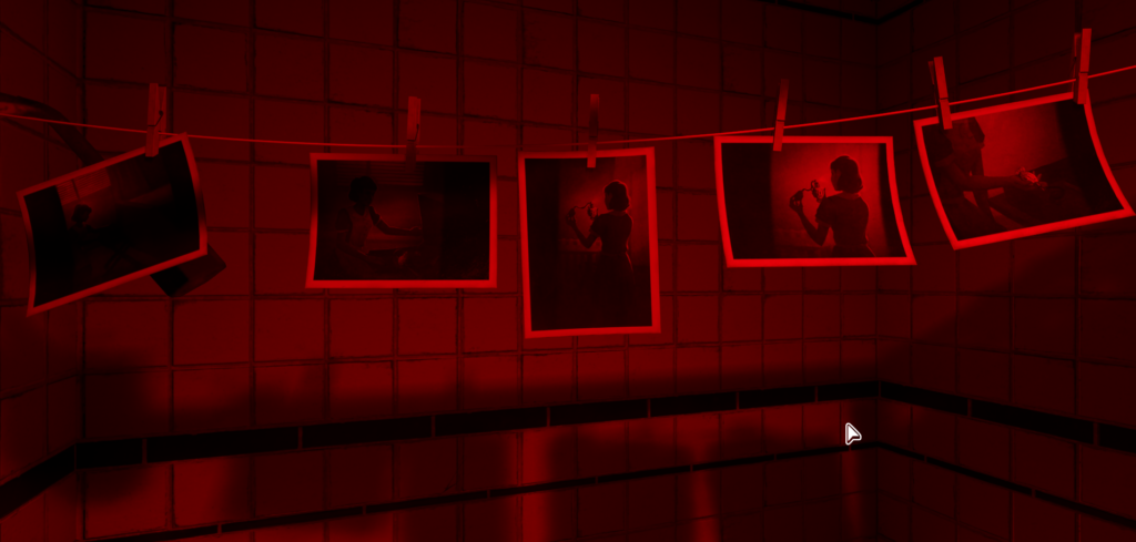 A red room with tiles covering the back wall. A string across the top of the screen with pegged images hanging on of a maid looking through items. This Bed We Made