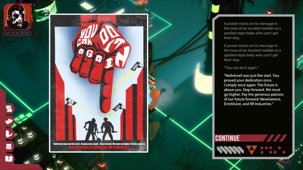 Propaganda poster showing a red hand pointed downward at workers with the caption 'You can do it again'. Text box on right discussing the caption. Celestial Return.