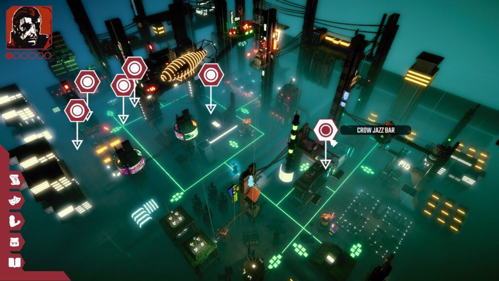 Isometric view of Netherveil Diorama, complete with neon lights and grimy skyscrapers. Celestial Return.