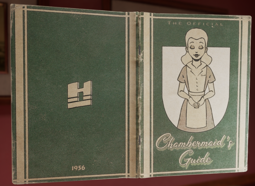 A green booklet opened to reveal the front and back. The title is "The Official Chambermaid's Guide" with a maid on the front cover. The back has the date 1956 on the bottom with a symbol at the centre. This Bed We Made