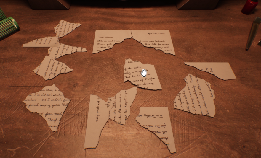 A torn up letter, pieces scattered over a dressing table. Lost & Found A This Bed We Made Game