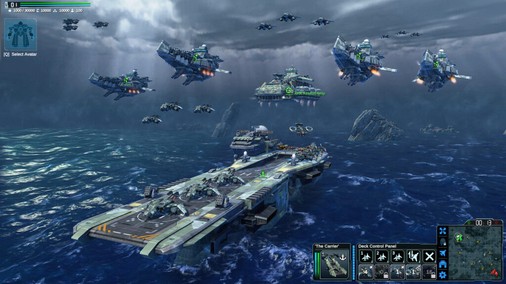 Warshift 2 - An Aircraft carrier flanked by friendly gunships lie ready to attack on the ocean