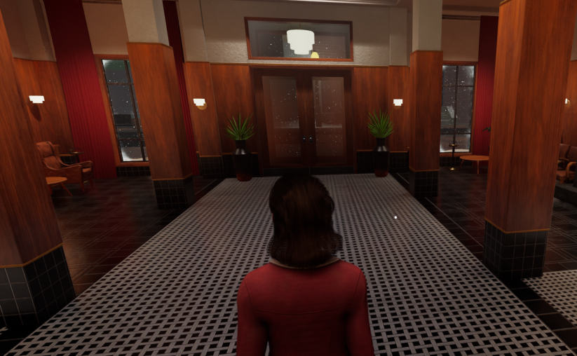 A high end hotel foyer. Black and white checkered flooring down the centre to the main doors with marbled black at the sides. Large wooden posts down the edges of the ,marbled floor and seating areas at each side of the room. Two green plants in large vases sit either side of the door with lots of lighting and a chandelier above. Snow appears to be falling outside. The back of a woman is seen at the bottom of the screen. This Bed We Made
