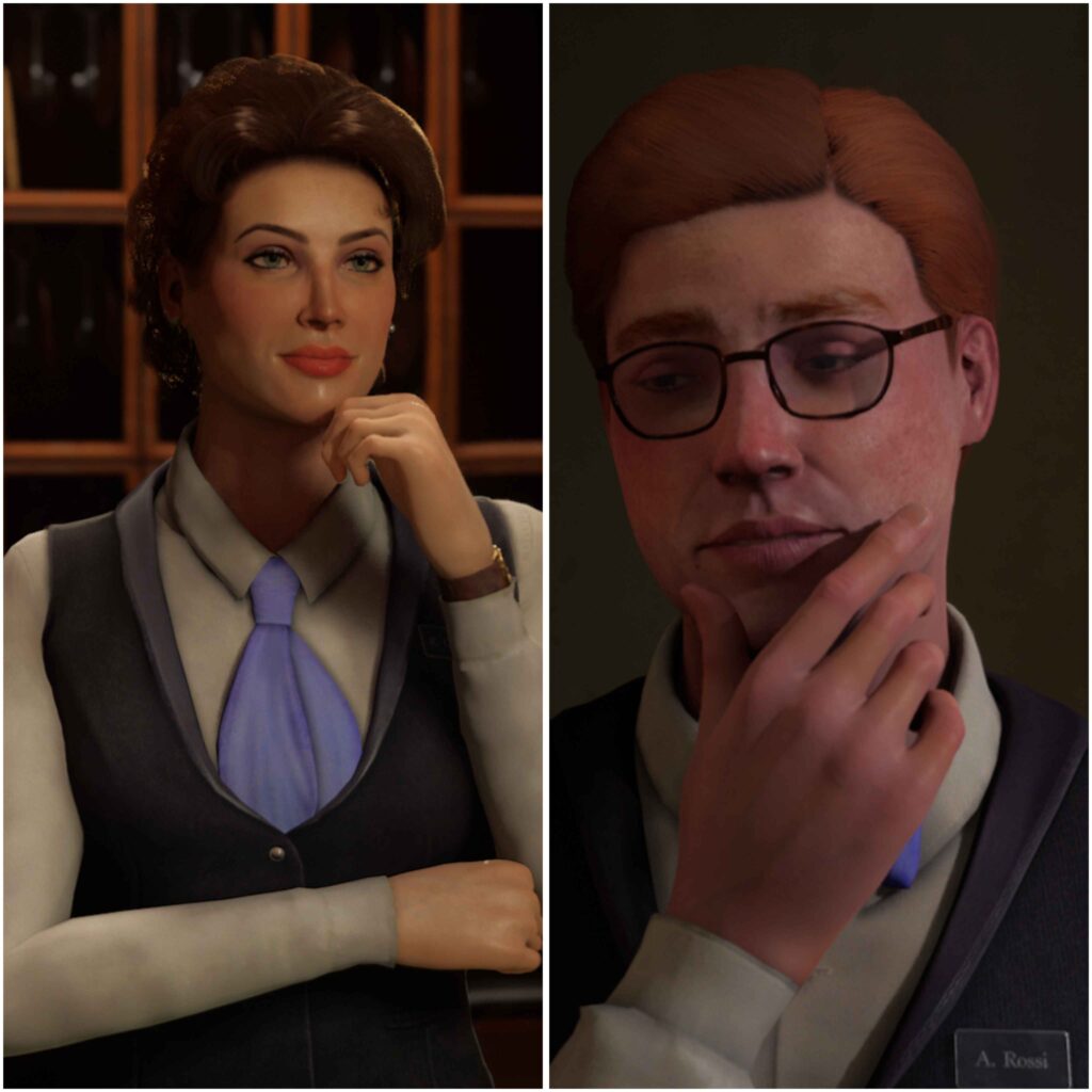 A split image with a woman on the left and a man on the right. They are both dressed in uniforms, their hands to their faces in a curious fashion. The woman has short brown hair, blue eyes and red lipstick. The man has ginger hair and black framed glasses. This Bed We Made