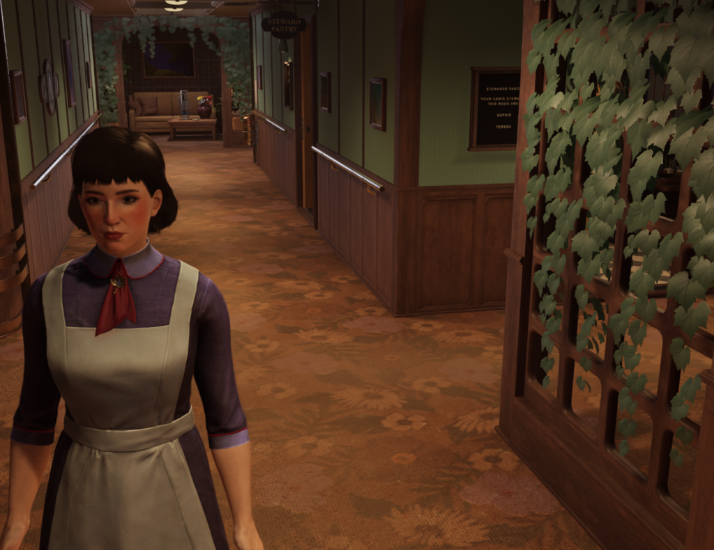 A maid in a purple dress with an apron standing to the left front of the image. Behind her is a long hallway of brown and green, with ivy on trellises decorating. At the very back, a seating area with a brown sofa in view, a brown coffee table in front with a deep red vase of colourful flowers and a stand next to it. Lost & Found A This Bed We Made Game