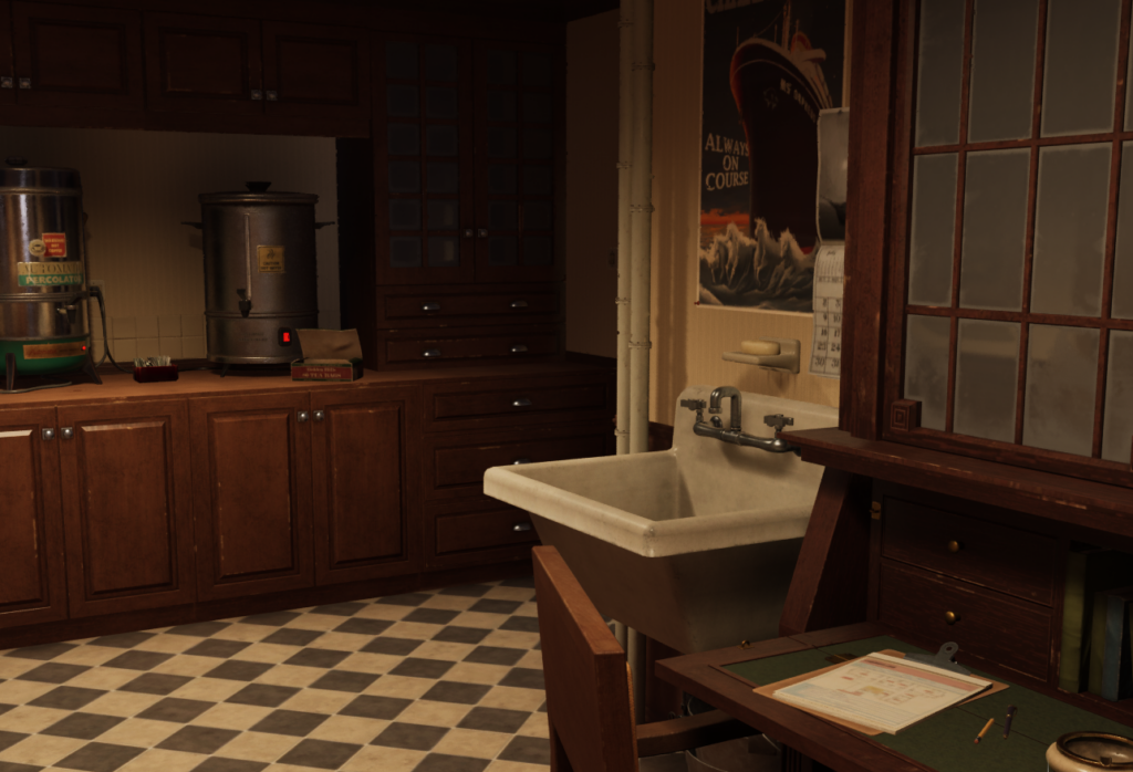 A room with a drinks station at the back, boxes of tea and sugar on the table. A black and white checkered floor with a sink and a table to the front right. A ship on a poster is above the sink. Lost & Found A This Bed We Made Game