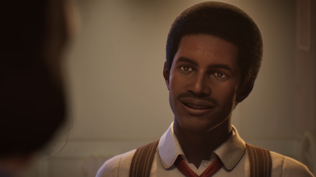 A man looking at someone in front of him, his expression happy with a smile. He has black her, dark eyes and a white shirt with a red tie and brown suspenders. Lost & Found A This Bed We Made Game