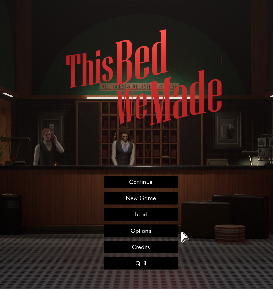 Title screen of the game This Bed We Made. A view of the front desk of the hotel with a man and woman working behind the desk. The game title in the top centre and beneath are menu options.