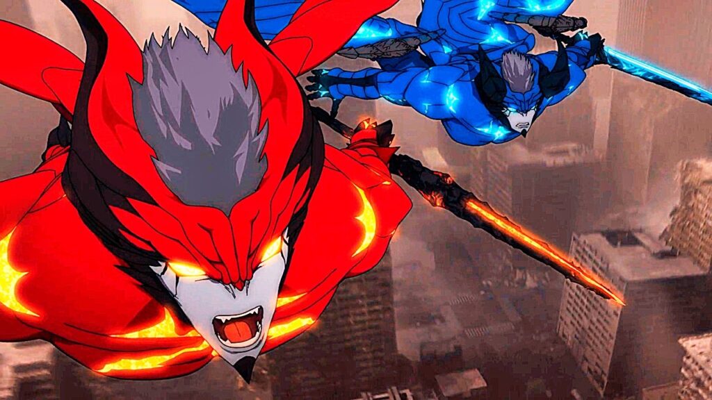 Dante in Red Demon form, fighting side by side with Vergil in Blue Demon form - Devil May Cry 2