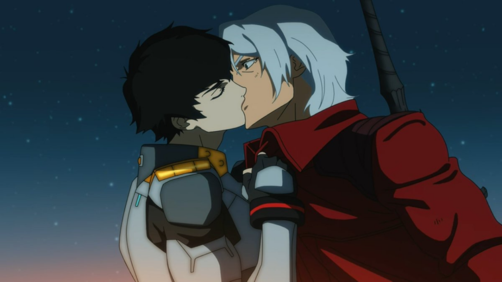 Lady pulling Dante in for a kiss - Devil May Cry 2