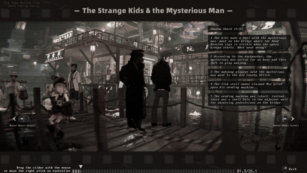 The Rewind feature in action, the scene is in black and white with a vhs noise filter. the unknown character is shown in silhouette while the facts known are listed on the right. a scroll wheel is shown at the bottom for frame by frame access