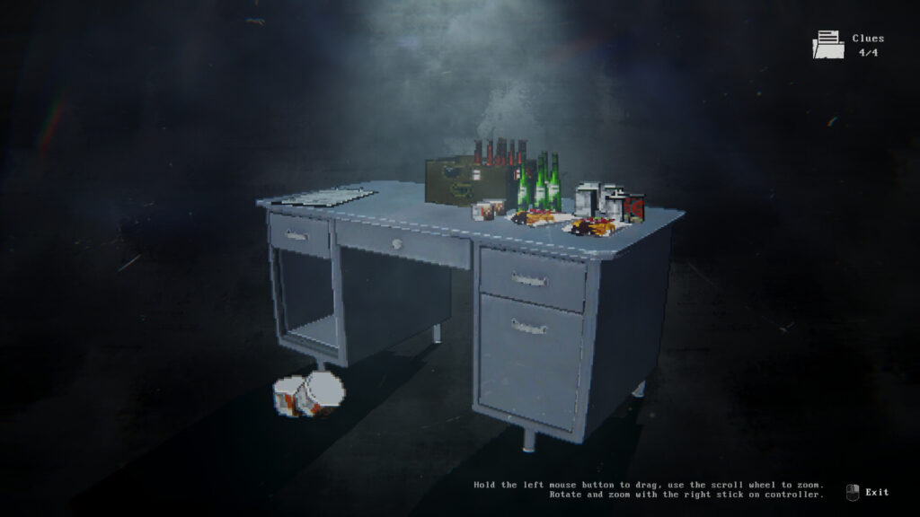the item inspection screen. A 3D render of a desk with drawers and cupboards, bottle litter the surface and controls are seen on how to rotate the object