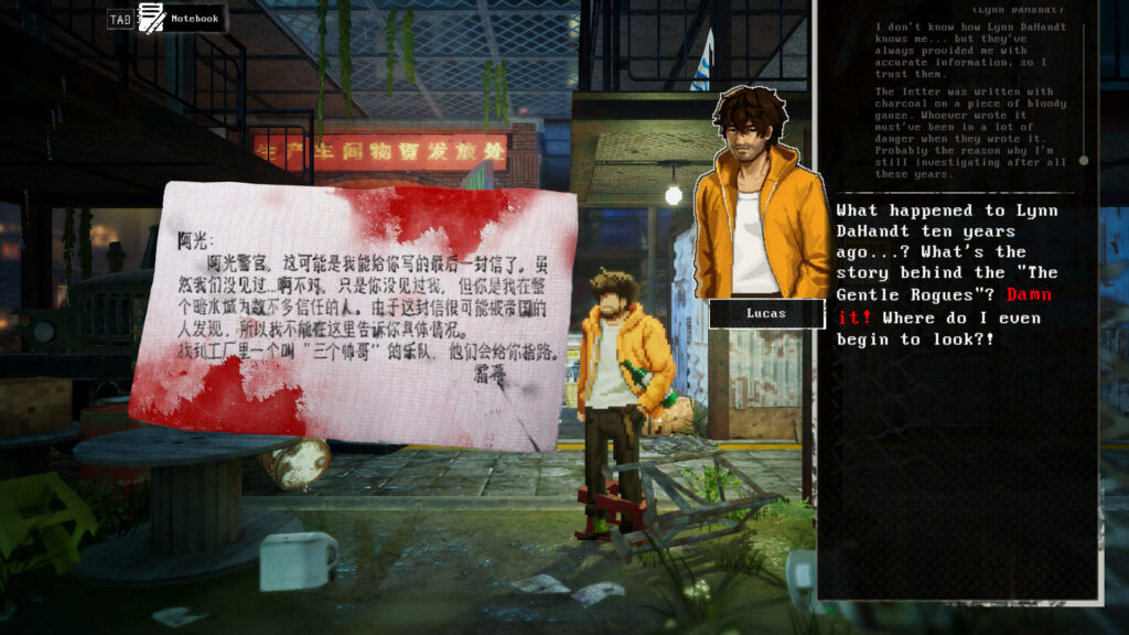 Lucas monologues to himself over over a note he found. the note is the focus of the scene and is written in Chinese