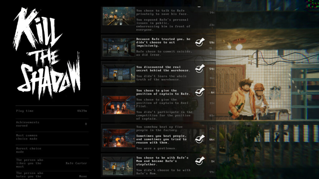 Kill the Shadow - The results screen for the first chapter show the choices you made vs the choices the community made as well as various other stats like play time and achievements