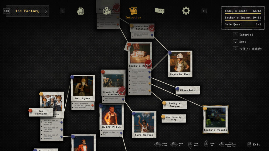 Kill The Shadow - The deduction board is a collection od polaroid like shots with various suspects and facts all linked together via lines to answer questions