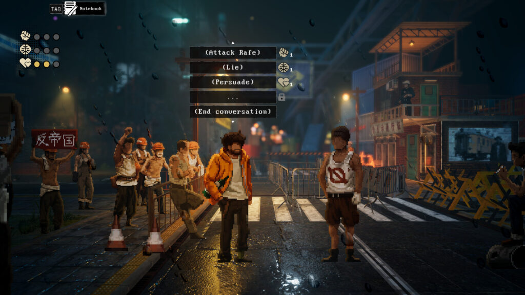 Kill The Shadow - Lucas Talks to a worker at a picket line at the factory the dialogue choices highlight the different options available and the stat cost for special options. the remain charges for each stat can be seen top right