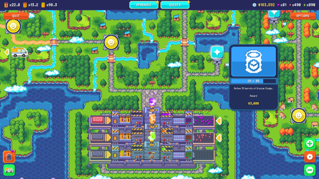The pixel overworld of Sludgineers as we watch the refinery convert things