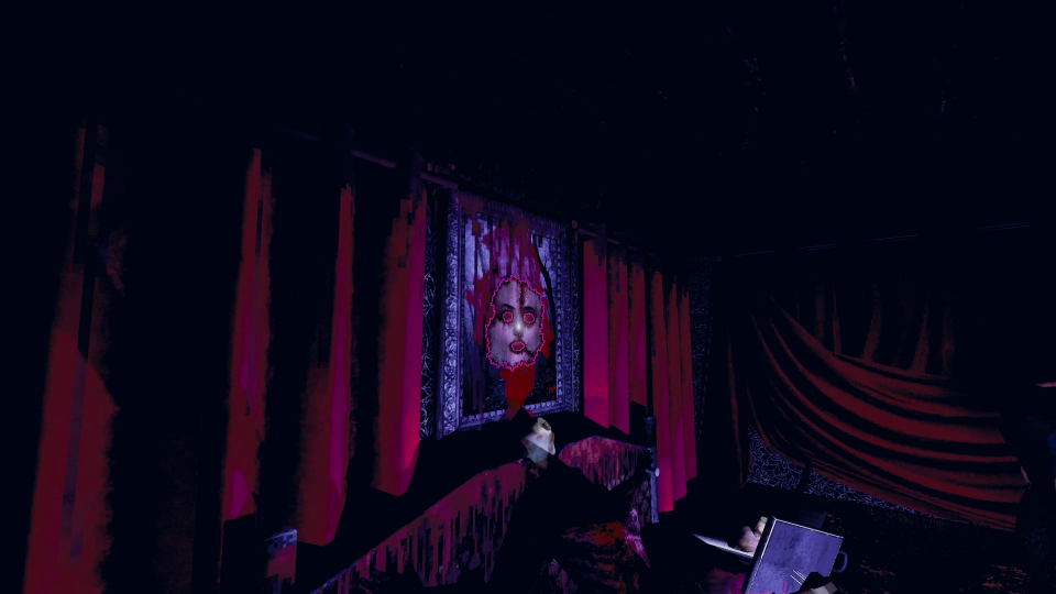 the skin of a face is stapled to the wall, it is highlighted to indicate it is a clue