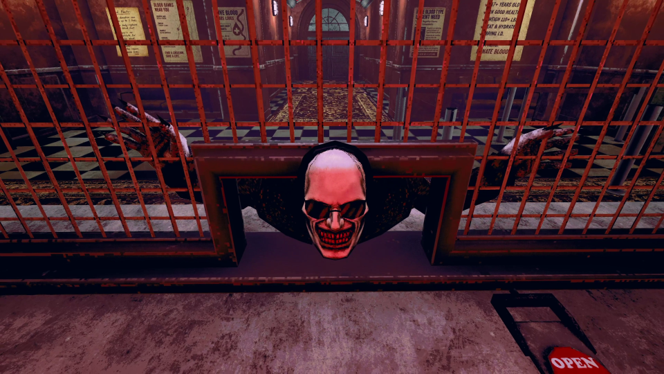 The Skin Stapler lean through a security gate talking to the player.
