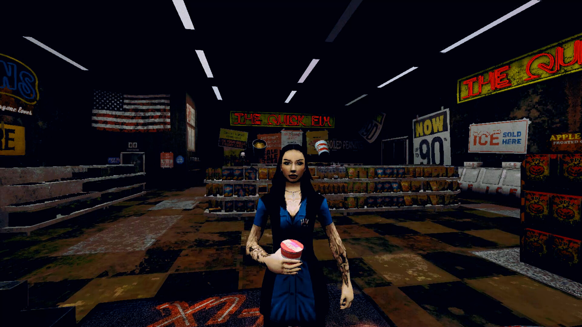 A girl with tattoos buying a cup noodle at a convenience store